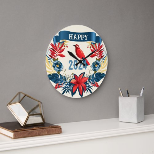 Merry Christmas and Happy New Year 2024 Red Bird Large Clock
