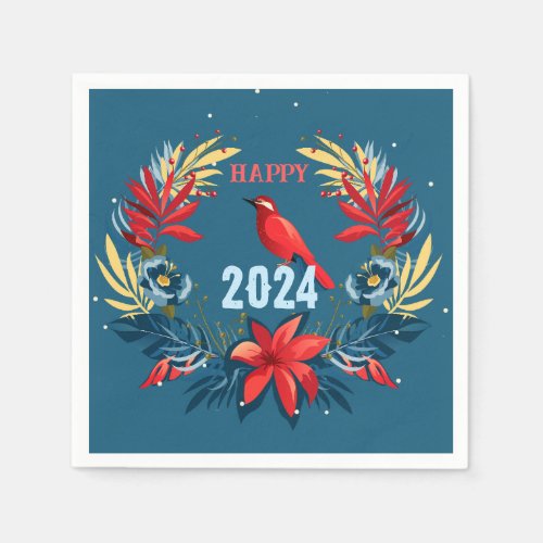 Merry Christmas and Happy New Year 2024 Red Bird Napkins