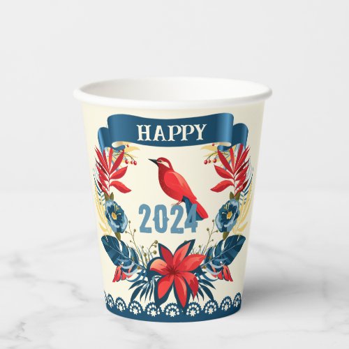 Merry Christmas and Happy New Year 2024 Red Bird Paper Cups