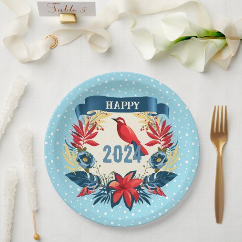 Merry Christmas and Happy New Year 2024 Red Bird Paper Plates