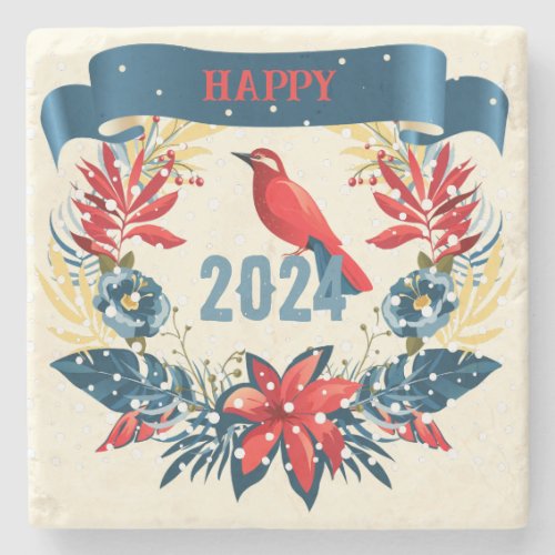 Merry Christmas and Happy New Year 2024 Red Bird Stone Coaster