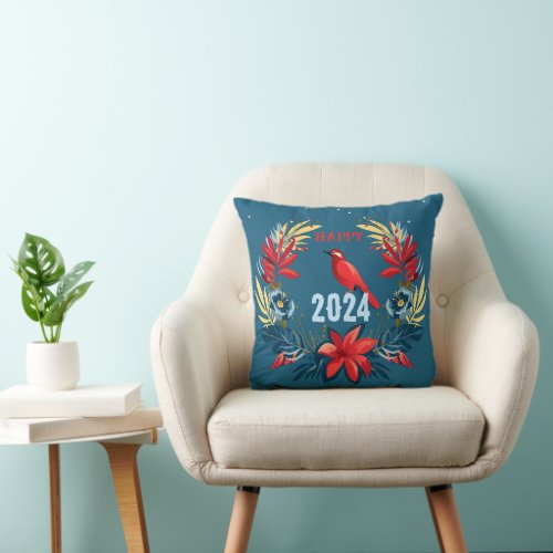 Merry Christmas and Happy New Year 2024 Red Bird Throw Pillow