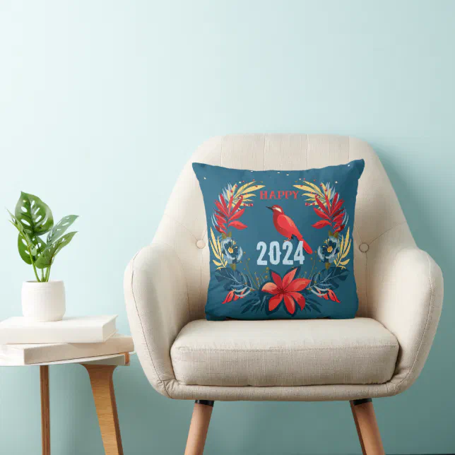 Merry Christmas and Happy New Year! 2024 Red Bird Throw Pillow Zazzle
