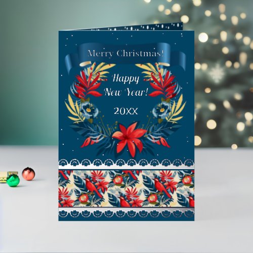 Merry Christmas and Happy New Year 2025 Blue Bird Foil Holiday Card