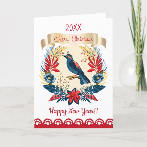 Merry Christmas and Happy New Year 2025 Blue Bird Holiday Card