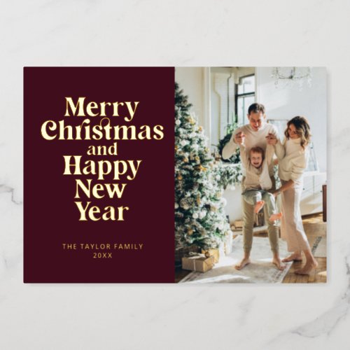 Merry Christmas and Happy New Year Burgundy Gold  Foil Holiday Card