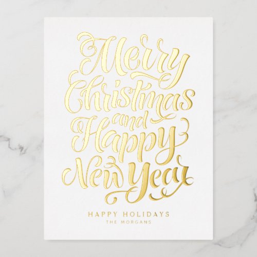 Merry Christmas and Happy New Year Calligraphy Foil Holiday Postcard