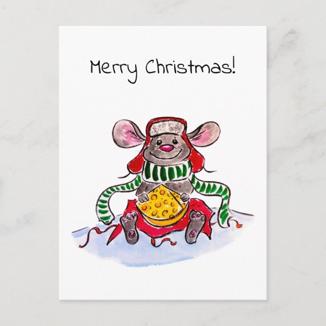 Merry Christmas and Happy New Year Cheese Mouse Holiday Postcard (Front)