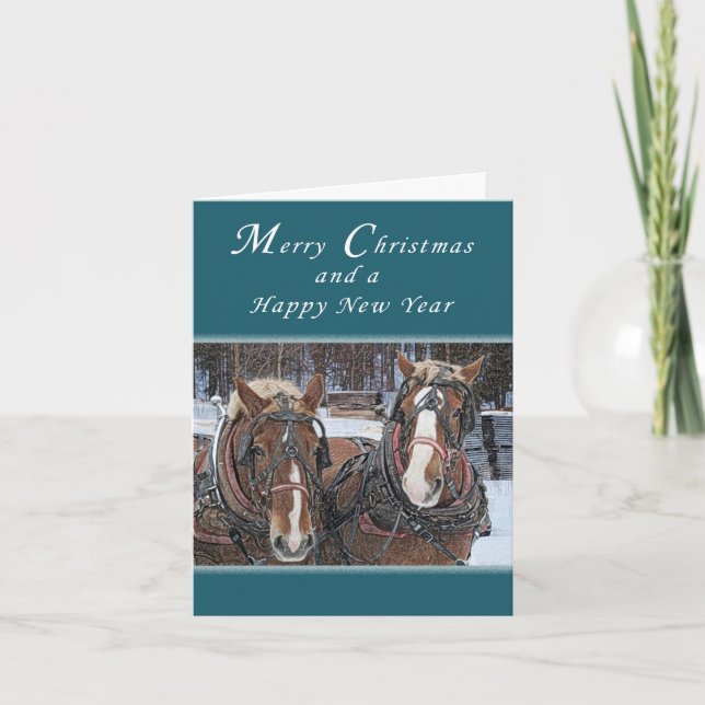 Merry Christmas and Happy New Year, Draft Horses Holiday Card (Front)
