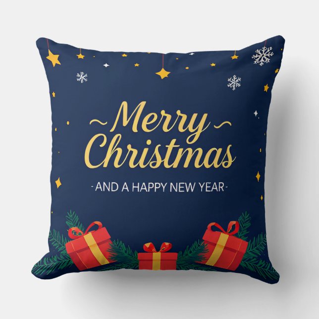 Merry Christmas and Happy New Year Greeting Throw Pillow (Front)
