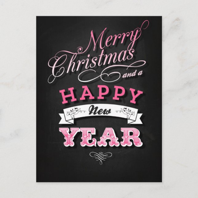 Merry Christmas and Happy New Year in Pink Holiday Postcard (Front)