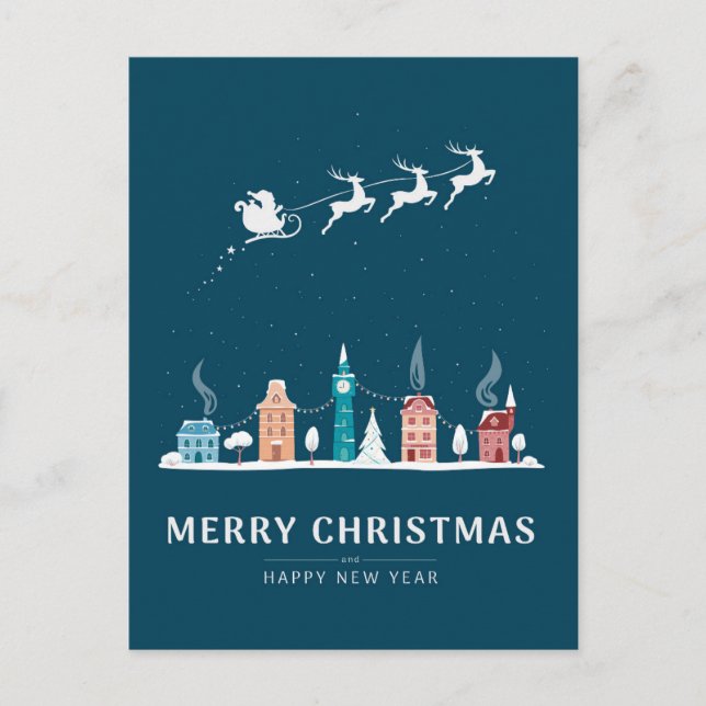 Merry Christmas and Happy New Year in Town Holiday Postcard (Front)