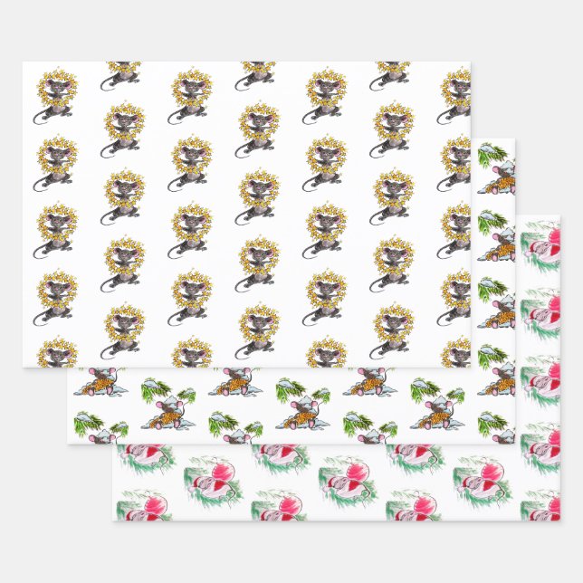Merry Christmas and Happy New Year Mice Wrapping Paper Sheets (Set)
