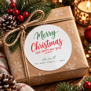 Merry Christmas and Happy New Year Modern Script Classic Round Sticker