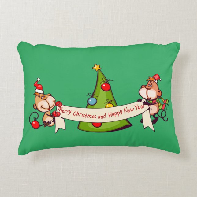 Merry Christmas And Happy New Year Monkeys Decorative Pillow (Front)