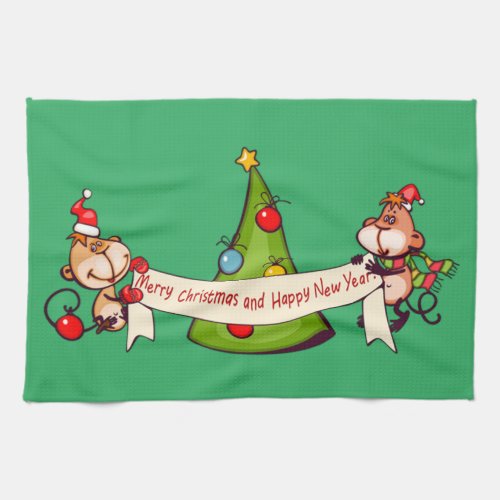 Merry Christmas And Happy New Year Monkeys Kitchen Towel