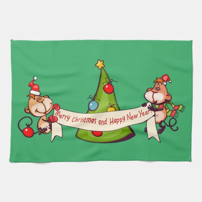 Merry Christmas And Happy New Year Monkeys Kitchen Towel (Horizontal)