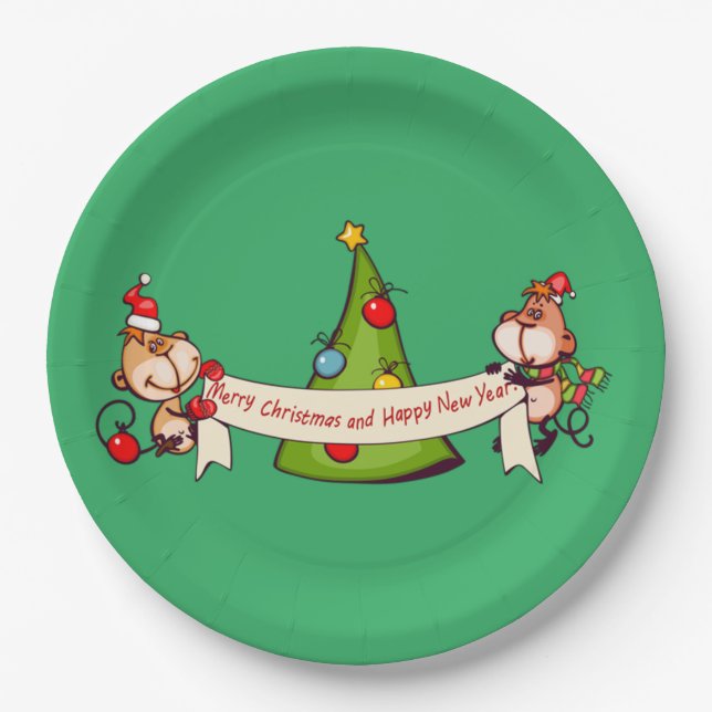 Merry Christmas And Happy New Year Monkeys Paper Plates (Front)