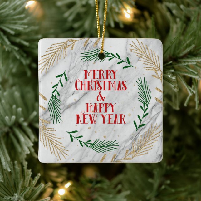 Merry Christmas and Happy New Year  On Marble Ceramic Ornament (Tree)