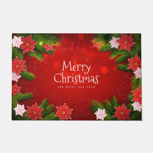 Merry Christmas and Happy New Year Poinsettias  Doormat