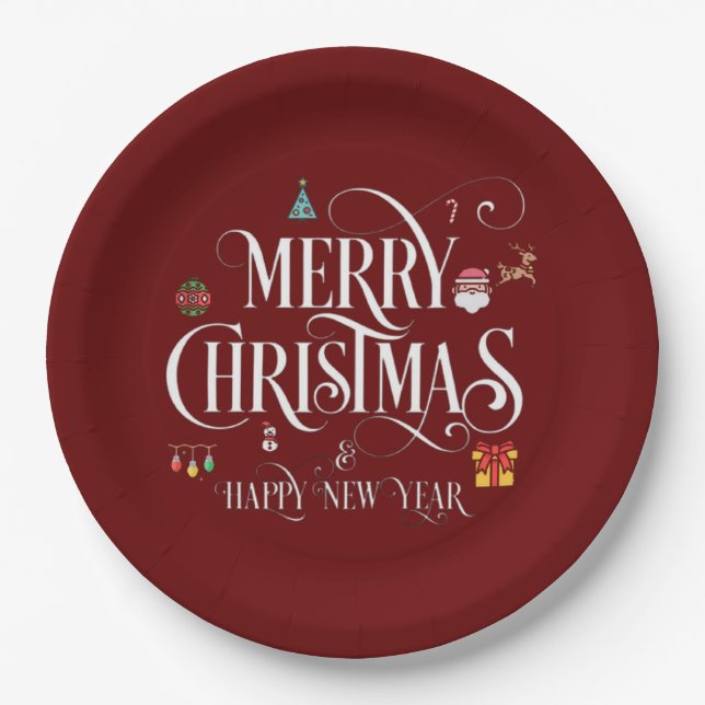 Merry Christmas And Happy New Year red Paper Plates (Front)