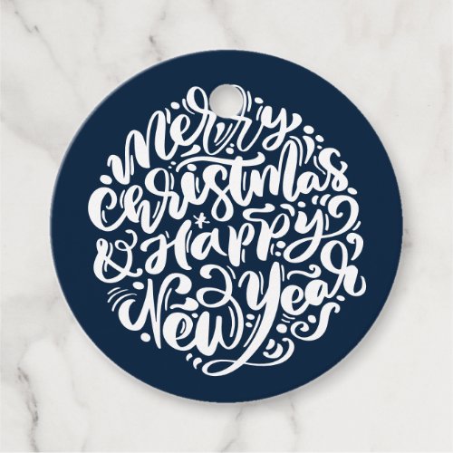 Merry Christmas and Happy New Year Script Blue Favor Tags