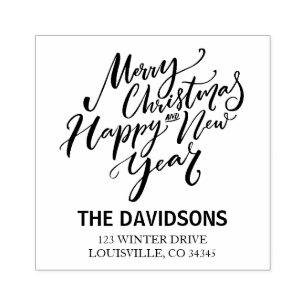 Merry Christmas and Happy New Year Script Monogram Rubber Stamp