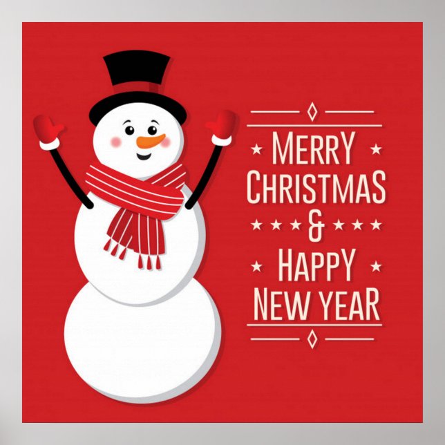 Merry Christmas and Happy New Year Snowman on Red Poster (Front)