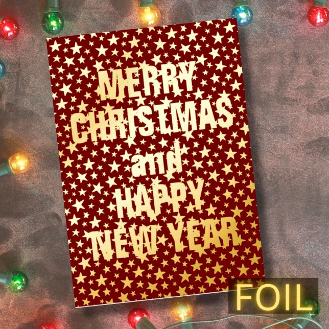 Merry Christmas and Happy New Year star burgundy Foil Holiday Card (Creator Uploaded)