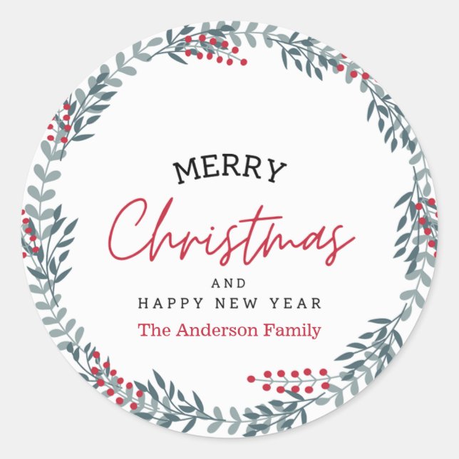 Merry Christmas And Happy New Year Wreath Classic Round Sticker (Front)