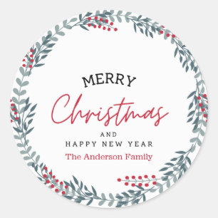 Merry Christmas And Happy New Year Wreath Classic Round Sticker