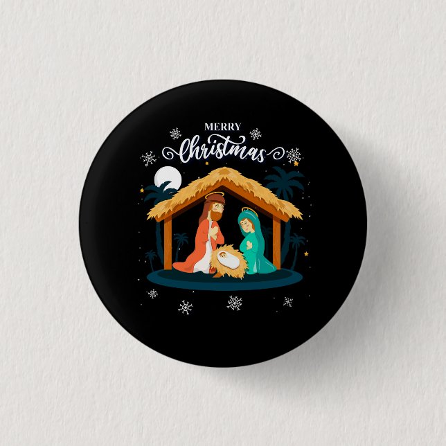 Merry Christmas And Nativity Scene Christian Faith Button (Front)