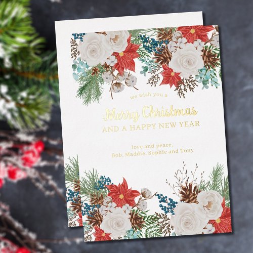 Merry Christmas and New Year Poinsettia Pine Gold Foil Holiday Card