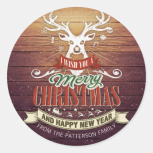 Merry Christmas and New Year Reindeer Rustic Wood Classic Round Sticker