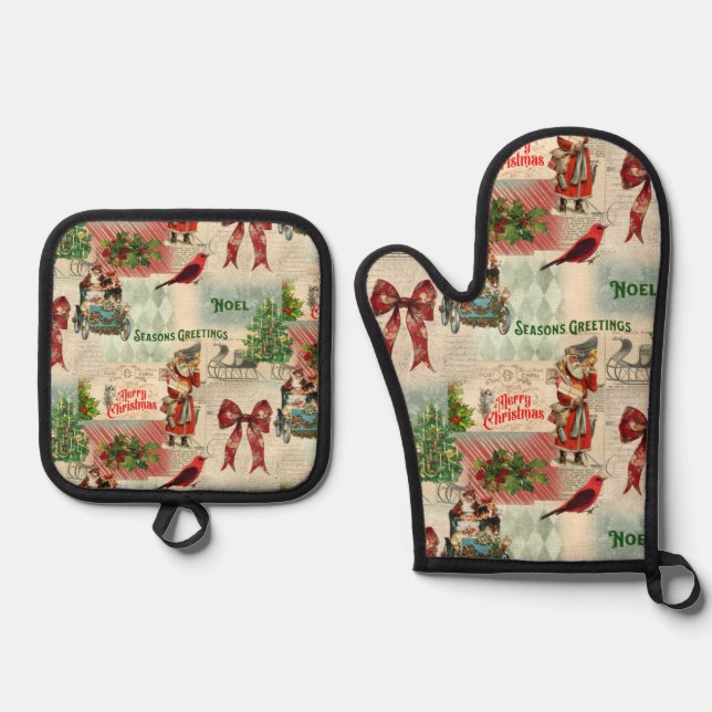 Merry Christmas and Seasons Greetings Oven Mitt & Pot Holder Set (Front)