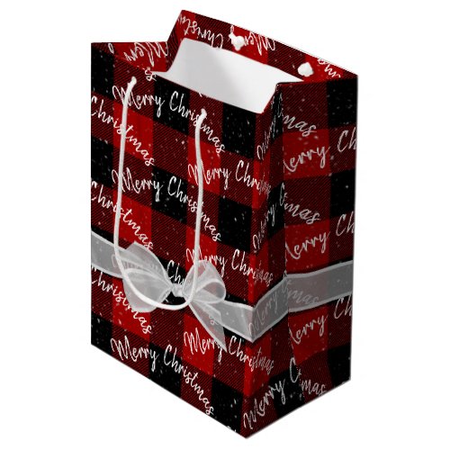 Merry Christmas and Snowflakes On Plaid Medium Gift Bag