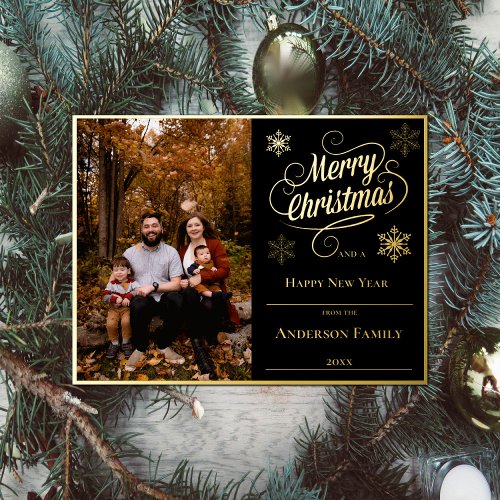 Merry Christmas and Snowflakes Photo  Black Foil Holiday Postcard