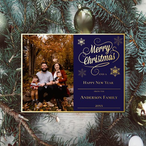 Merry Christmas and Snowflakes Photo  Blue Foil Holiday Postcard
