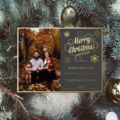 Merry Christmas and Snowflakes Photo  Gray Foil Holiday Postcard