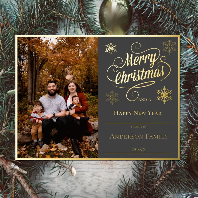 Merry Christmas and Snowflakes Photo | Gray Foil Holiday Postcard (Gray Merry Christmas and Snowflakes Holiday Photo Foil Card)