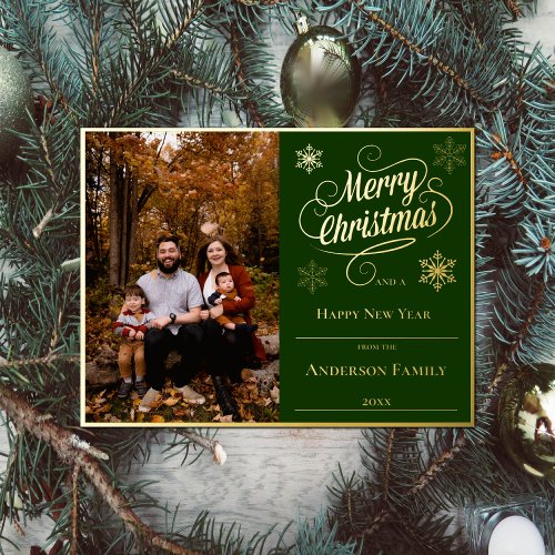 Merry Christmas and Snowflakes Photo  Green Foil Holiday Postcard