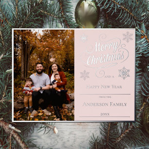Merry Christmas and Snowflakes Photo Pink Foil Holiday Postcard