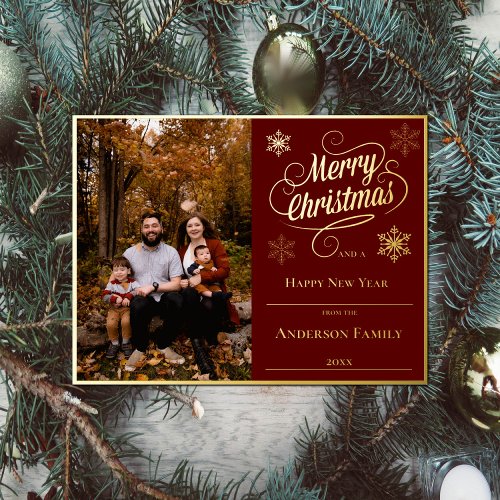 Merry Christmas and Snowflakes Photo  Red Foil Holiday Postcard
