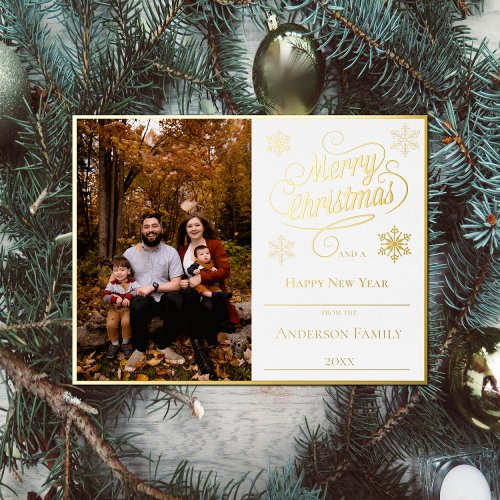 Merry Christmas and Snowflakes Photo  White Foil Holiday Postcard