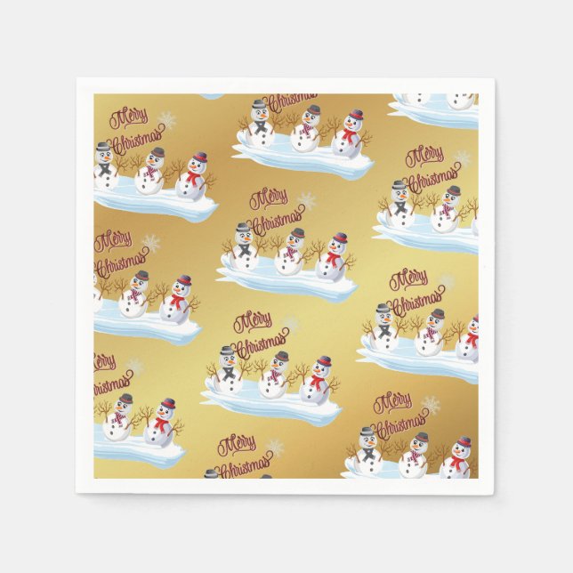 Merry Christmas and snowmen on faux gold Napkins (Front)