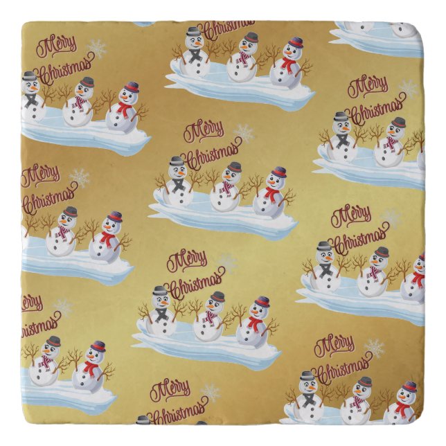Merry Christmas and snowmen on faux gold Trivet (Front)