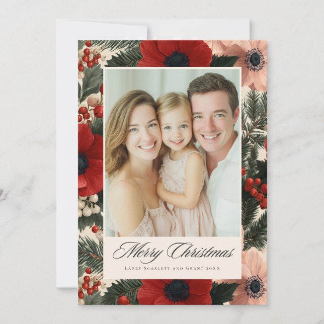 Merry Christmas Anemone Floral Background holiday  Card (Front)