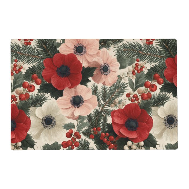 Merry Christmas Anemone Floral Background Placemat (Front)