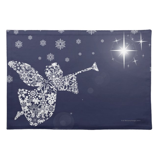 Merry Christmas Angel Blowing Trumpet Silhouette Cloth Placemat (Front)