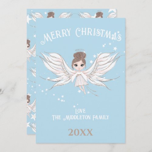 Merry Christmas Angel Dark Hair Blue Holiday Card